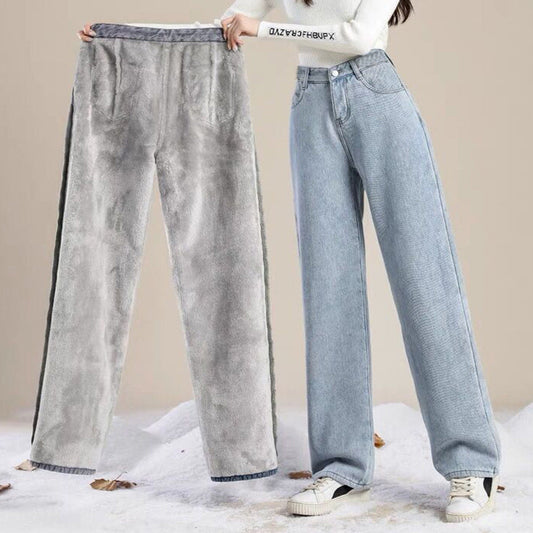 Women's fleece loose straight leg warm jeans